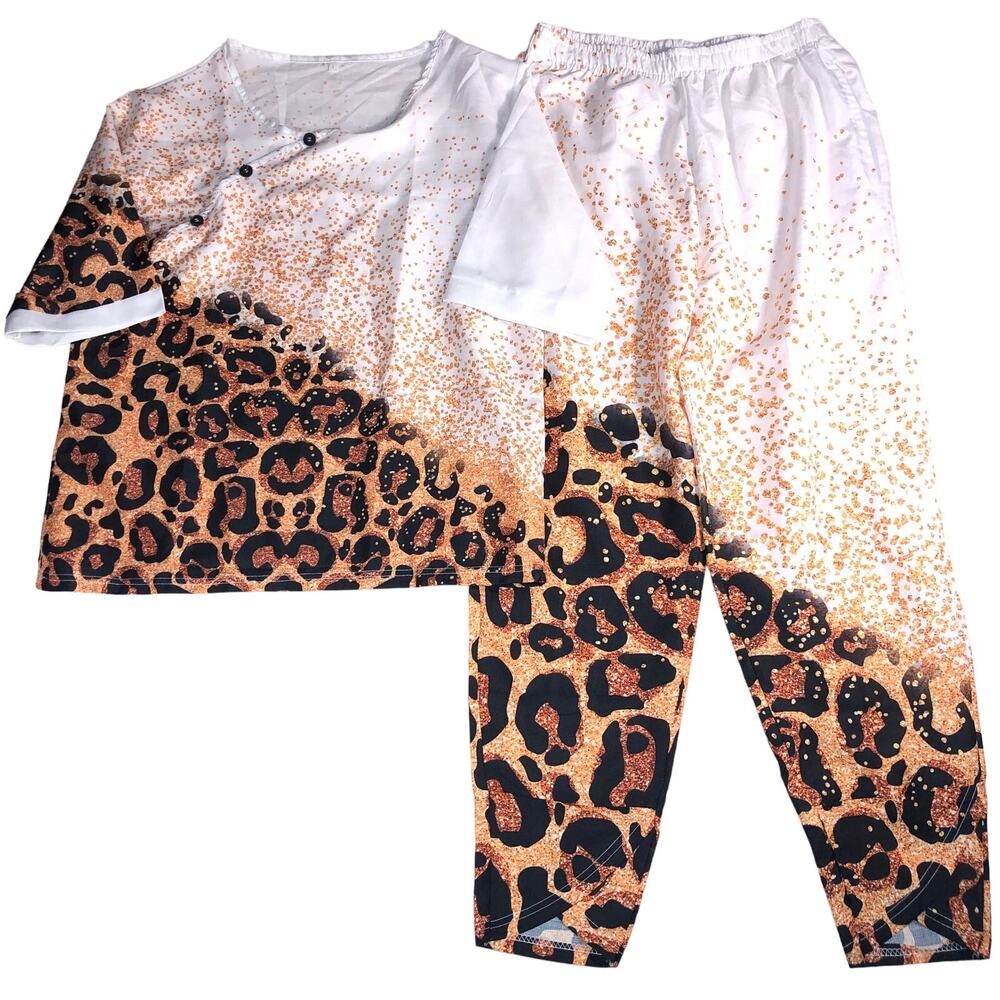 2 Piece Animal Print Outfits Half Sleeve Loose Printed Tops and Pants Sweatsuit